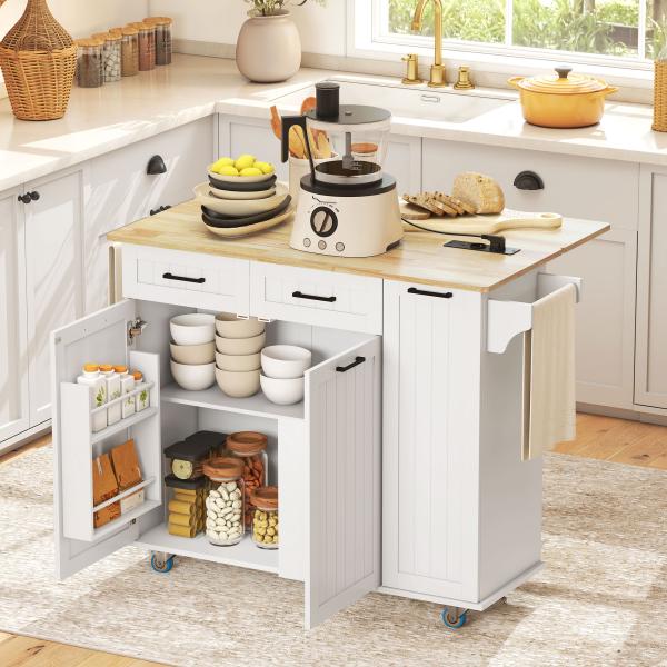 Ilha de Cozinha com Rodas Carrinho de Cozinha com Tomada USB Bancada Rebatível 2 Gavetas 119,5x74x94,5 cm Branco