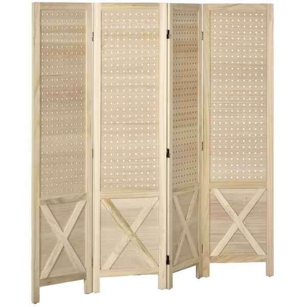 Biombo de 4 Painéis Separador de Ambientes Dobrável 152x1,7x144,5 cm Painéis com Orifícios para Pendurar Madeira