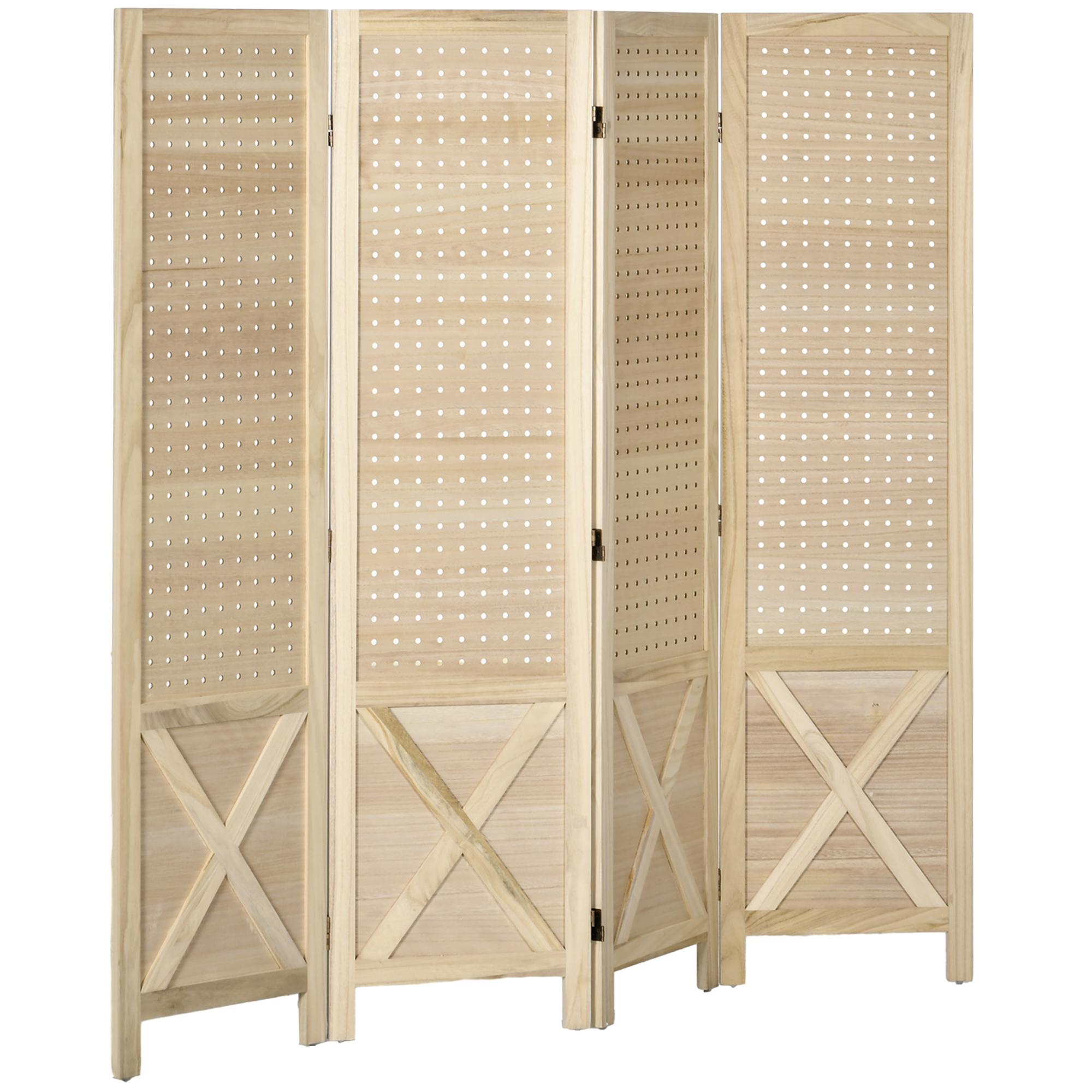 Biombo de 4 Painéis Separador de Ambientes Dobrável 152x1,7x144,5 cm Painéis com Orifícios para Pendurar Madeira