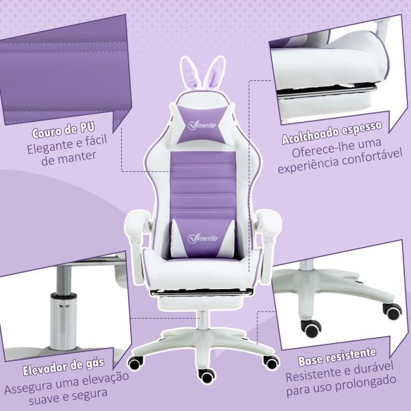 Cadeira Gaming Giratória de Couro PU com Altura Ajustável Inclinável 135° Apoio para a Cabeça 65x63x136 - 142 cm Branco e Roxo