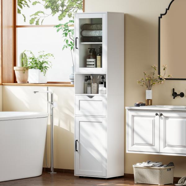 Coluna Casa de Banho com Porta de Vidro Prateleiras Ajustáveis Gaveta e Prateleira Aberta 40x30x165 cm Branco