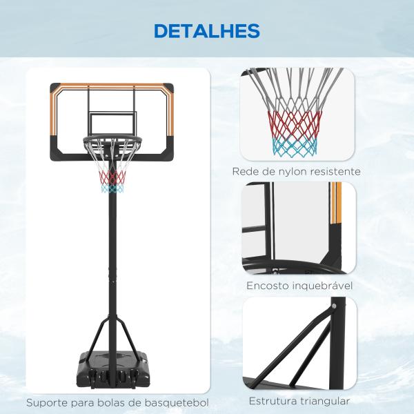 Tabela de Basquetebol de Exterior com Altura Ajustável 235 - 264 cm Suporte para Bola Rodas e Base Recarregável Preto