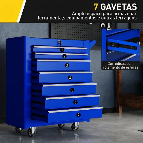 Carrinho de Ferramentas com 7 Gavetas Carrinho de Oficina com Fechadura Pega 2 Rodas com Travão 69x33x75 cm Azul