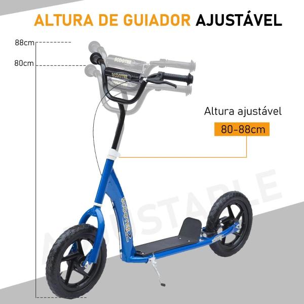 Trotinete para Crianças acima de 5 anos Scooter de 2 Rodas Grandes de 12 Polegadas com Freio e Guidão Ajustável em Altura Carga Máx. 50kg 120x52x80 - 88cm Azul