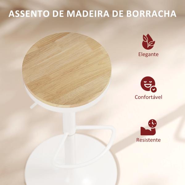 Conjunto de 2 Bancos de Bar Giratórios Bancos Altos de Cozinha com Descanso para Pés 38,5x38,5x60 - 80 cm Madeira e Branco