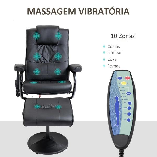 Poltrona de Massagem Elétrica com Banco para Apoiar os Pés Poltrona Relax Giratório Reclinável em até 145° com Controle Remoto e 10 Zonas de Massagem Estofado em PU 77x84x95cm Preto