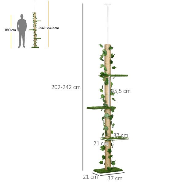 Árvore para Gatos do Chão ao Teto 37x21x202 - 242 cm com 4 Plataformas de Relva Artificial Folhas Artificiais e Poste de Juta Verde