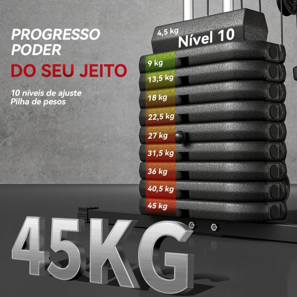Máquina de Musculação com Pesos Ajustáveis de 45 kg, Press de Peito e Pernas, Polia, 135x103x200 cm, Preto