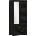 Roupeiro com Espelho 2 Portas e 2 Gavetas Relevo de Diamante Barra para Pendurar Estilo Moderno 80x50x180 cm Preto