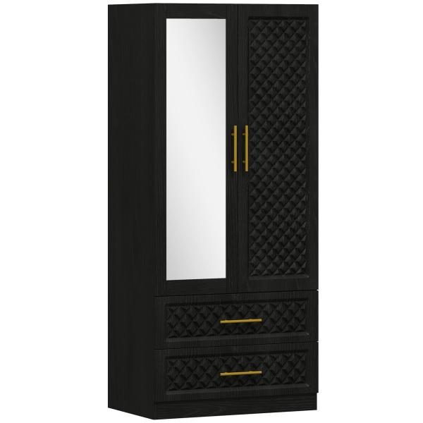 Roupeiro com Espelho 2 Portas e 2 Gavetas Relevo de Diamante Barra para Pendurar Estilo Moderno 80x50x180 cm Preto