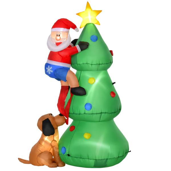 Árvore de Natal insuflável 180 cm com luzes LED, Pai Natal e cão, para interior e exterior, multicolor