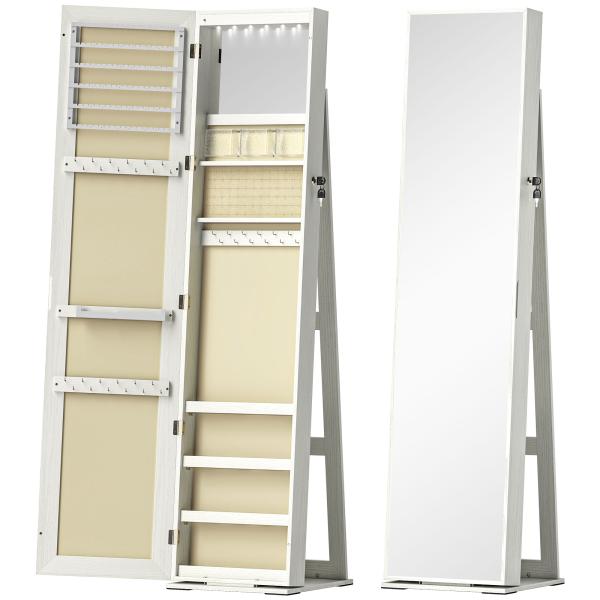 Joalheiro de Pé Armário para Joias com 6 Luzes LED Fechadura Prateleiras Suportes para Anéis 38x38x157 cm Branco e Bege