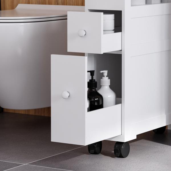 Armário Casa de Banho para Espaços Reduzidos com 4 Rodas Prateleira Aberta e Gavetas 16x52x71,5 cm Branco