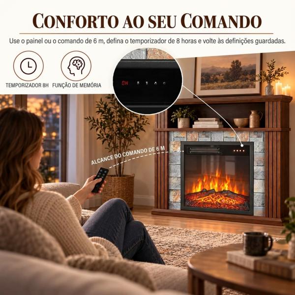 Lareira Elétrica Decorativa 1800W com Prateleira, Efeito Chama, 5 Níveis de Brilho, Termóstato, Temporizador e Comando, Castanha