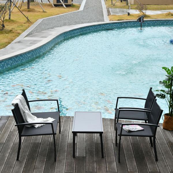 Conjunto de Móveis de Jardim Conjunto de 4 Peças com 2 Poltronas 1 Sofá de 2 Lugares e Mesa de Centro com Tampo de Vidro Preto