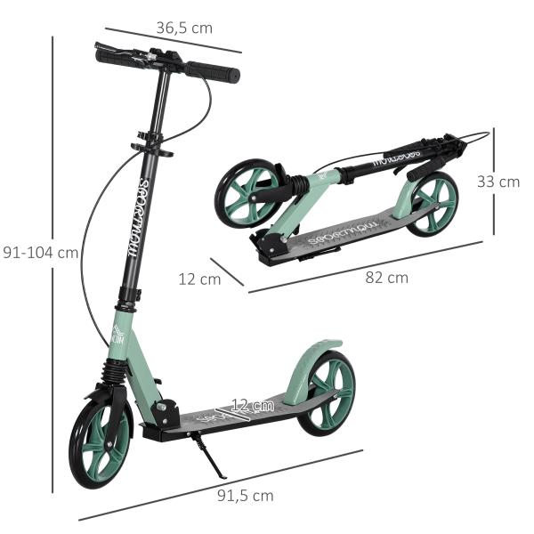 Trotinete Dobrável com Guiador Ajustável Rodas Grandes de 200mm Amortecimento e Travão Carga Máxima 100kg 91,5x36,5x91 - 104cm Verde