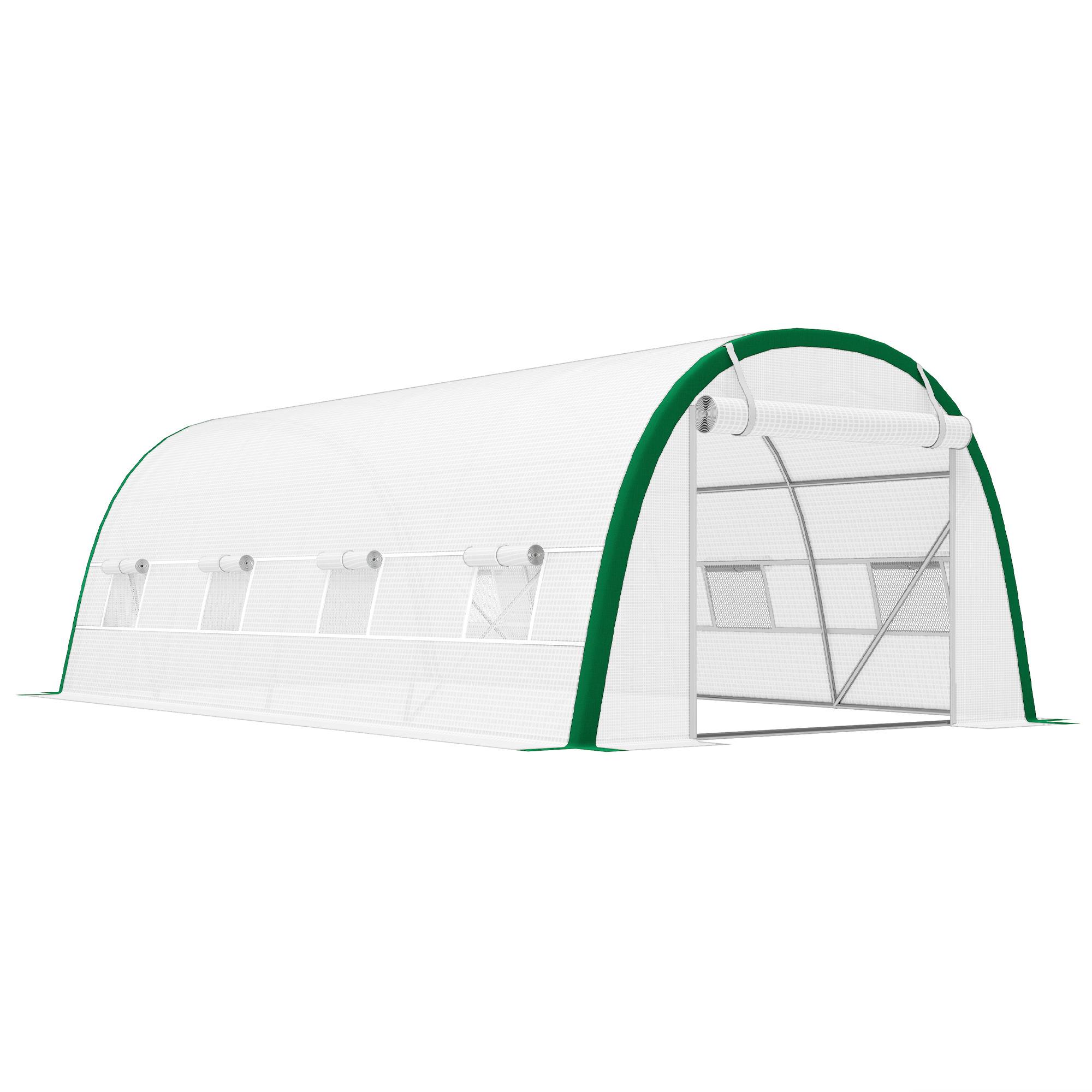 Estufa de Exterior 6x3x2 m Estufa de Túnel com Porta Enrolável 8 Janelas com Rede Cobertura PE 140g/m² Estrutura em Aço Branco