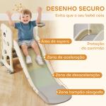 Escorrega Infantil 3 em 1 Dobrável com Escada Cesto de Basquetebol e Desenho de Dinossauro 146x52x65 cm Creme e Cinza