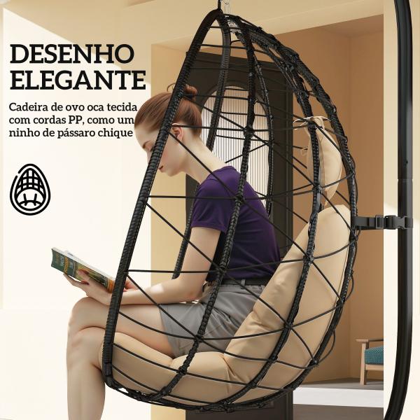 Cadeira Suspensa com Suporte Baloiço Jardim com Cesto Dobrável Almofada e Apoio de Cabeça 98x95x198 cm Caqui