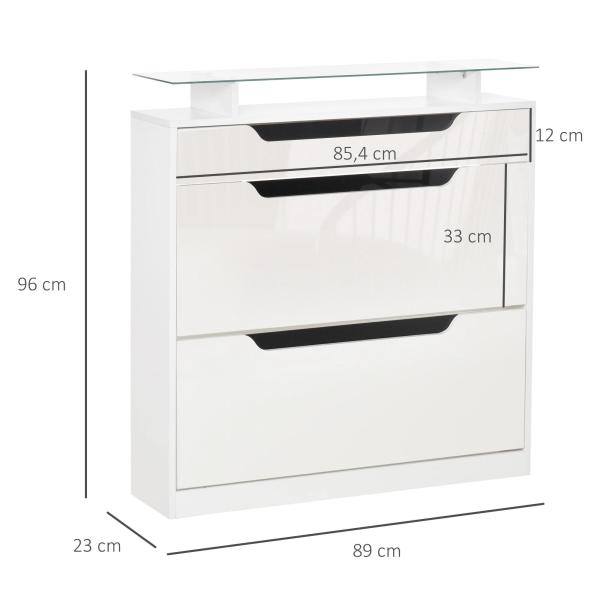 Sapateira Entrada Estreito Móvel para 16 pares de Sapatos com 2 Portas Gaveta Prateleira Aberta e Bancada de Vidro 89x23x96 cm Branco