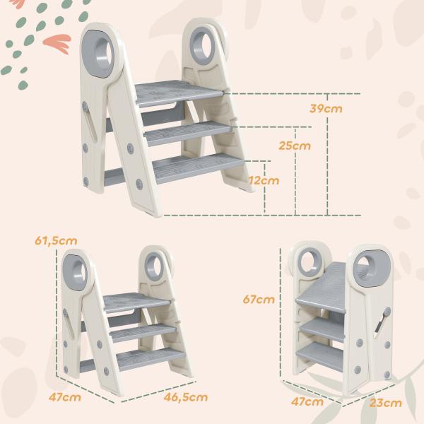 Banco para Crianças Dobrável Torre de Aprendizagem Escada para Crianças Antiderrapante 46,5x47x61,5 cm Cinza e Branco