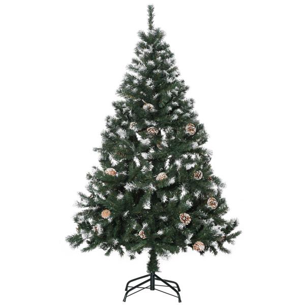 Árvore de Natal Artificial 150cm com 676 Ramas e 41 Pinhas Folhas de PVC com Efeito de Neve Base Dobrável e Suporte Metálico para Interiores Verde