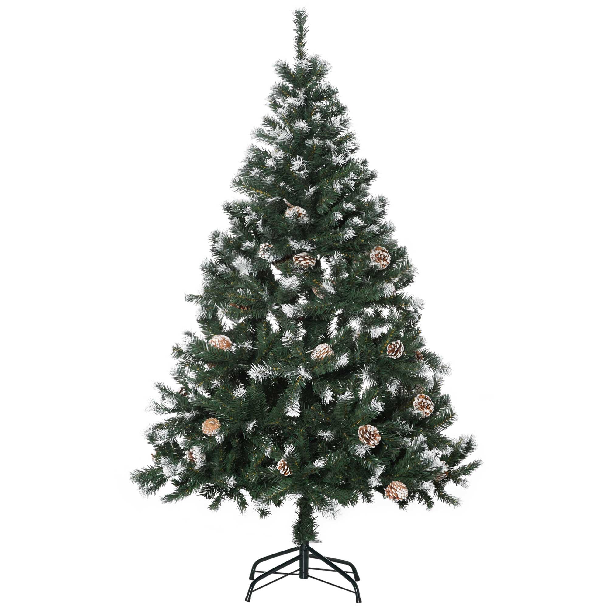 Árvore de Natal Artificial 150cm com 676 Ramas e 41 Pinhas Folhas de PVC com Efeito de Neve Base Dobrável e Suporte Metálico para Interiores Verde