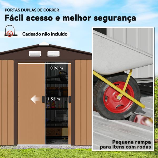 Abrigo de Jardim Exterior 4,83 m² 277x195x192 cm Abrigo e Jardim Metálico para Armazenamento de Ferramentas com Base Incluída e 4 Janelas Castanho