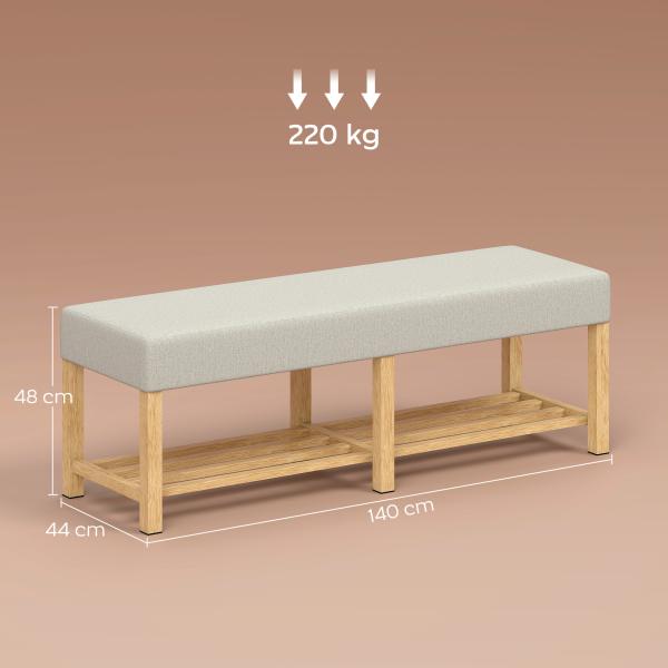 Banco Sapateira com Assento Acolchoado para 2 Pessoas Prateleira Aberta Estrutura de Madeira 140x44x48 cm, Creme e Madeira