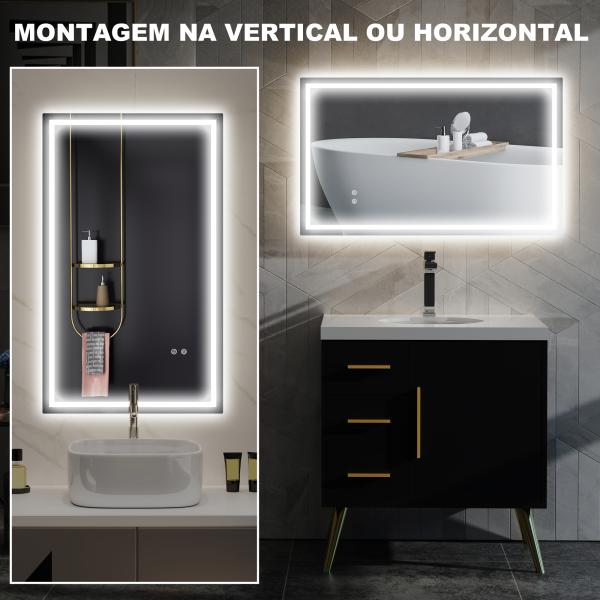 Espelho Casa de Banho com Luz LED 100x60 cm Espelho de Parede com Iluminação Anti - Embaciamento Brilho Ajustável e Interruptor Tátil