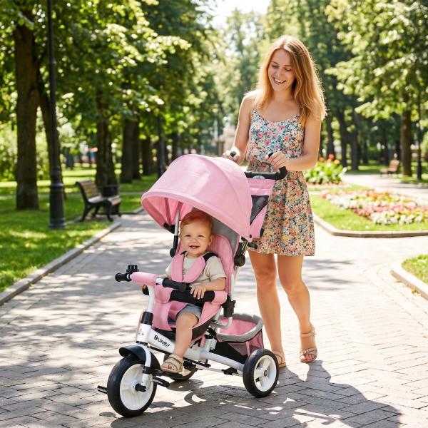Triciclo para Bebés Evolutivo com Capota Dobrável Guiador Telescópico e Removível Bolsa e Porta - Garrafas 102x49x102 cm Rosa