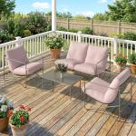 Conjunto de Jardim de 4 Peças com Sofá de 2 Lugares 2 Poltronas Mesa de Vidro Temperado e Almofadas Grossas para Terraço Rosa