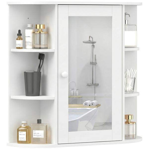 Armário de Casa de Banho com Espelho, Armário de Parede com Porta, Prateleiras Abertas, Móvel Suspenso para Cozinha, Sala, 66x17x63 cm, Branco
