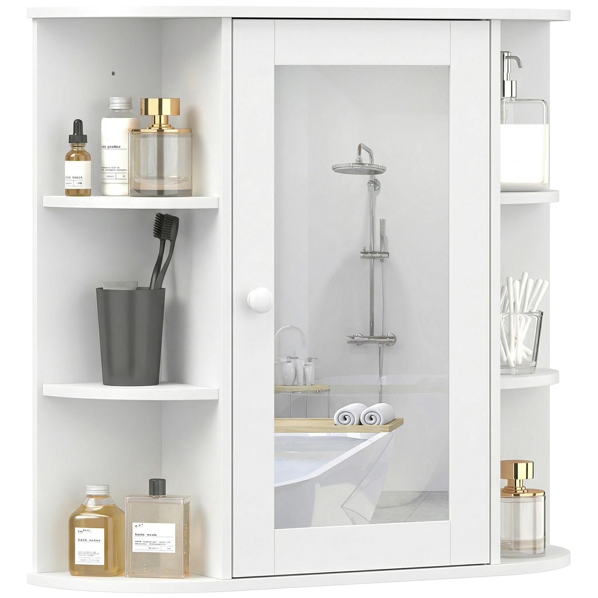 Armário de Casa de Banho com Espelho, Armário de Parede com Porta, Prateleiras Abertas, Móvel Suspenso para Cozinha, Sala, 66x17x63 cm, Branco