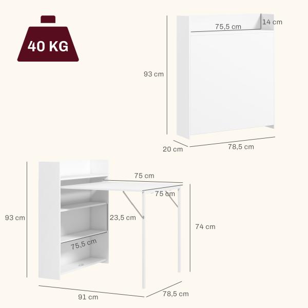 Mesa Dobrável de Jantar Mesa de Cozinha com Folha Abatível 4 Compartimentos Até 3 Pessoas 78,5x91x93 cm Branco