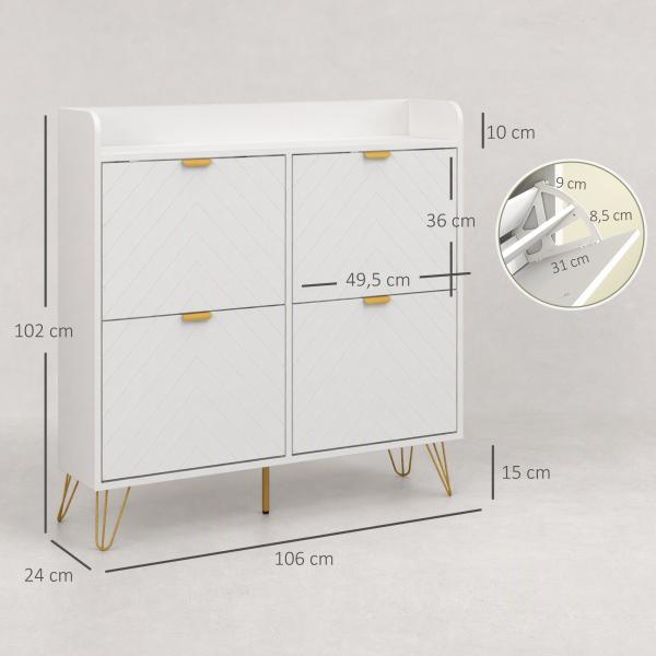 Sapateira Estreita com 4 Gavetas Basculantes e Prateleiras Ajustáveis para 16 Pares 106x24x102 cm Branco
