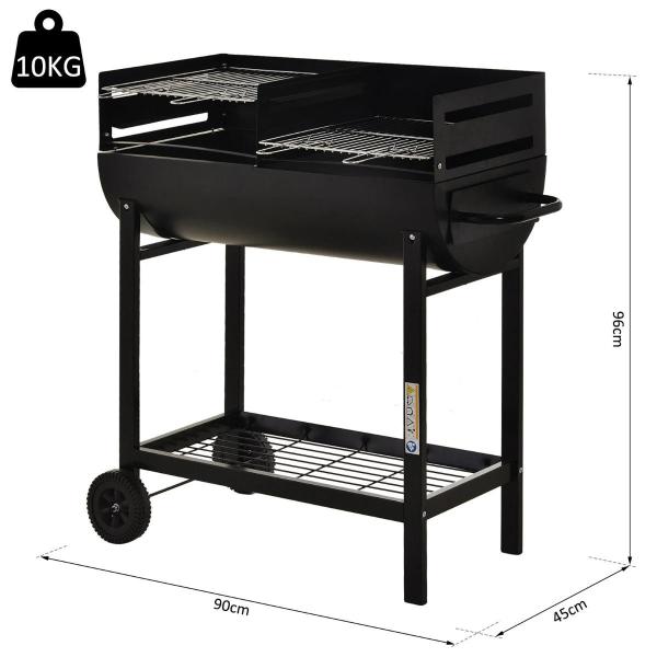 Barbecue a Carvão com Grelha Ajustável em Altura Prateleira de Armazenamento e Rodas 90x45x96 cm Preto