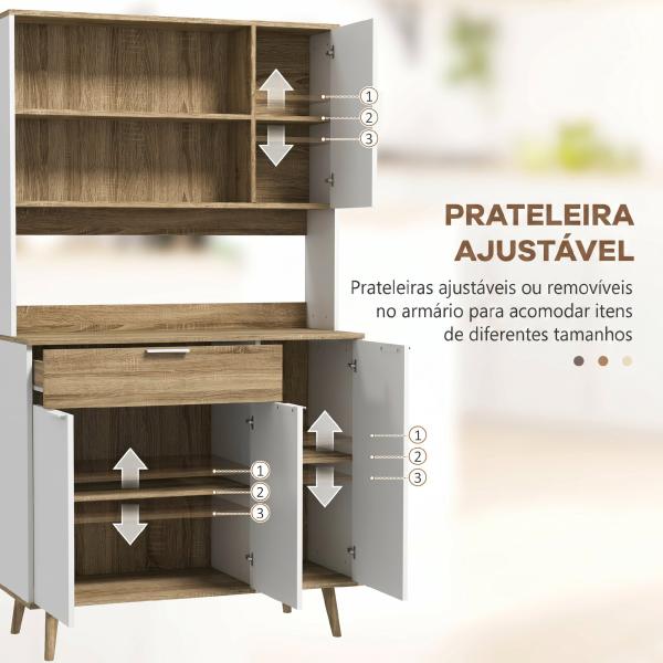 Armário de Cozinha Alto com 4 Portas, Prateleiras Ajustáveis, Gaveta e Compartimentos Abertos, 98x39x180 cm, Branco e Natural