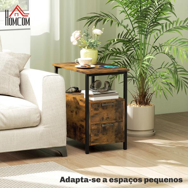 Mesa Auxiliar com Estação de Carga Entrada USB Tomada Elétrica 2 Gavetas e Prateleira 55x35x58,5 cm Marrom Rústico