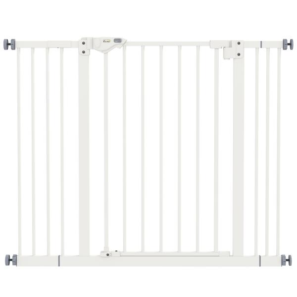 Barreira de Segurança para Cães 74 - 100 cm com Extensões, Montagem por Pressão e Duplo Bloqueio, Branco