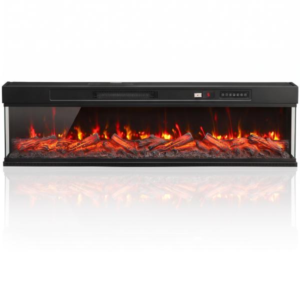 Lareira Elétrica Encastrável ou de Chão 750/1500W, 3 Lados, 12 Cores de Chama 3D, Termóstato, Comando à Distância, Preto