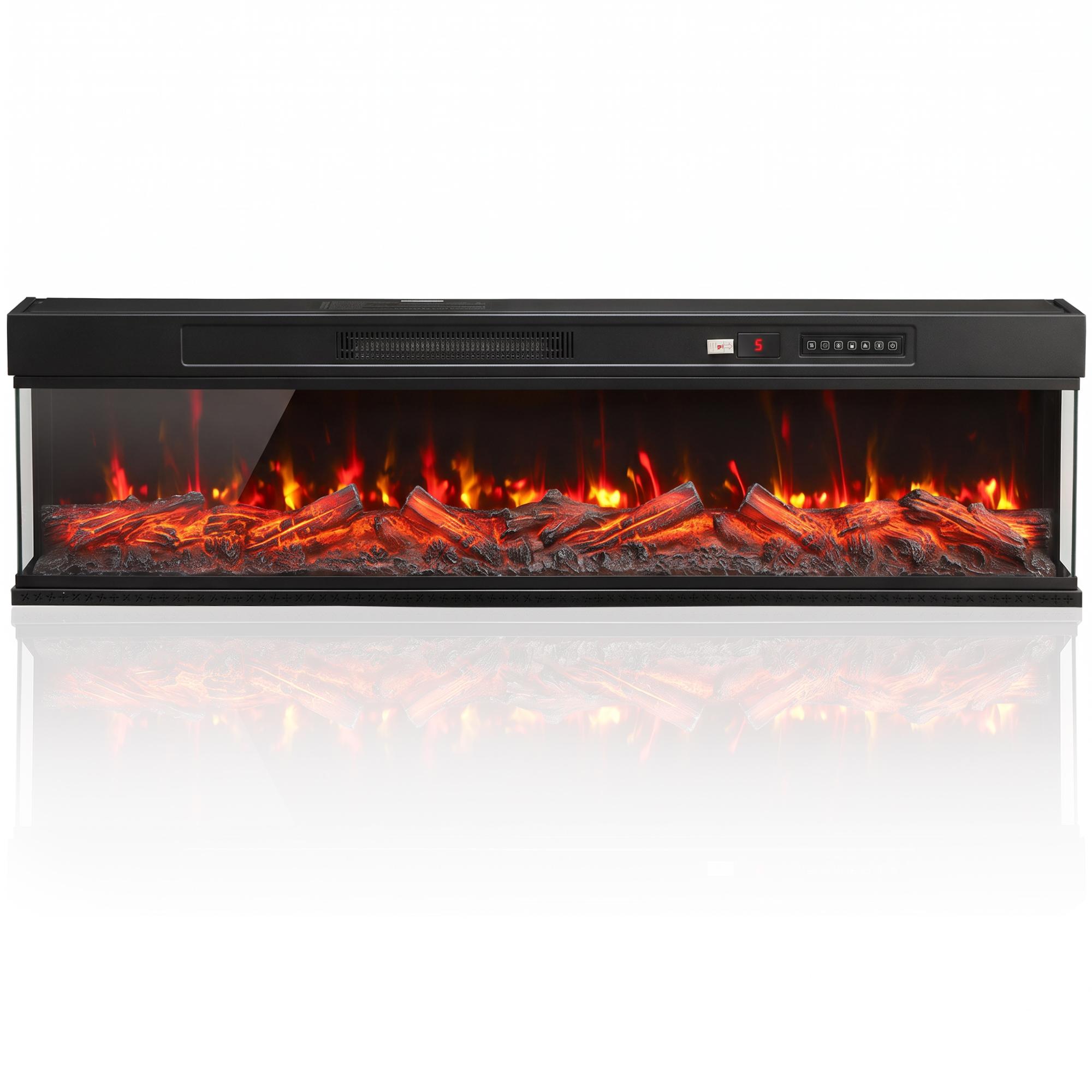 Lareira Elétrica Encastrável ou de Chão 750/1500W, 3 Lados, 12 Cores de Chama 3D, Termóstato, Comando à Distância, Preto