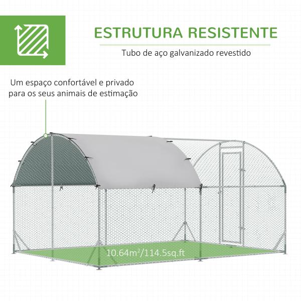 Galinheiro para Exterior para 6 - 12 Galinhas de Aço Galvanizado com Teto de Tecido Oxford 2,8x3,8x1,97m Prata