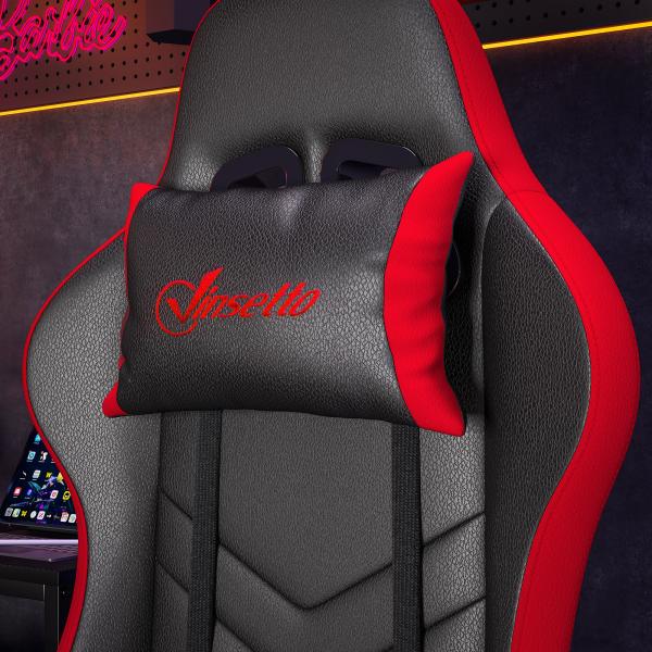 Cadeira Gaming Ergonómica Reclinável 135° de Couro PU com Suporte Lombar Altura Ajustável 65x65x129 cm Preto e Vermelho
