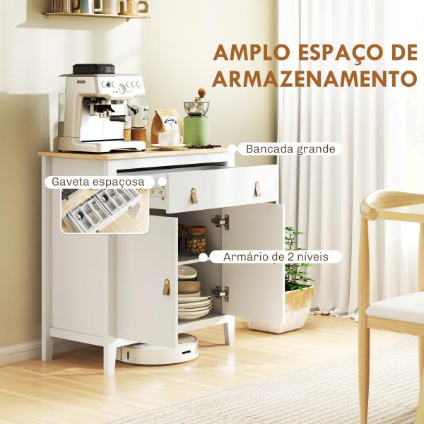 Aparador Sala de Estar Moderno com Gaveta Prateleira Ajustável e Puxadores em PU 80x40x90 cm Branco e Madeira