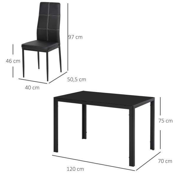Conjunto de Refeição com Mesa Retangular de Vidro Temperado e 4 Cadeiras Estofadas em PU com Pés de Metal Preto