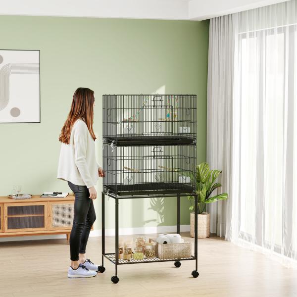 Gaiola Dupla e Empilhável para Pássaros 77x46x164 cm com Rodas Poleiros Bandeja Amovível Comedouros Baloiço e Escada Preto
