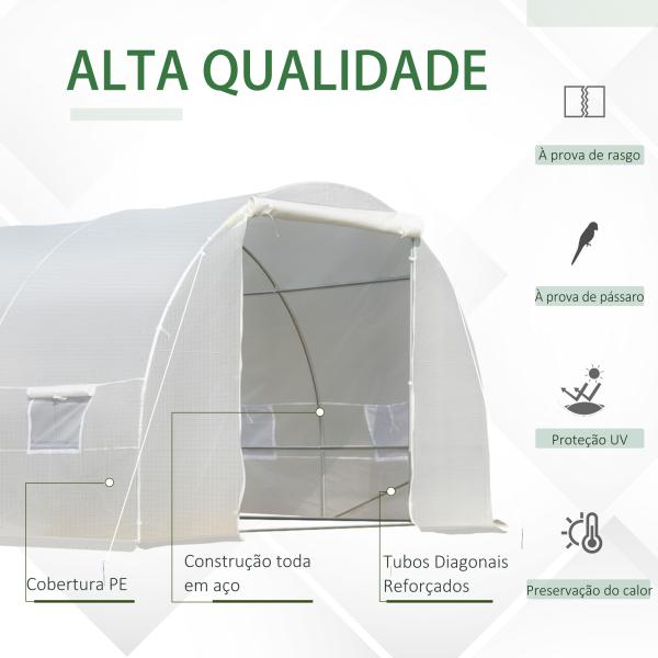 Estufa Tipo Túnel 800x300x200cm com 12 Janelas e Porta Enrolável Cobertura de PE 140g/m² e Aço para Cultivo de Plantas Verduras Branco