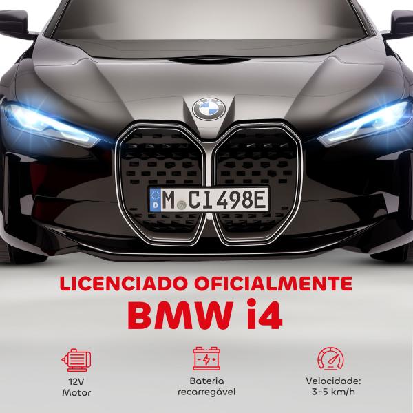 Carro Elétrico para Crianças BMW i4 12V com Controlo Remoto Música MP3 Ecrã Luzes e Cinto de Segurança 115x67x45 cm Preto