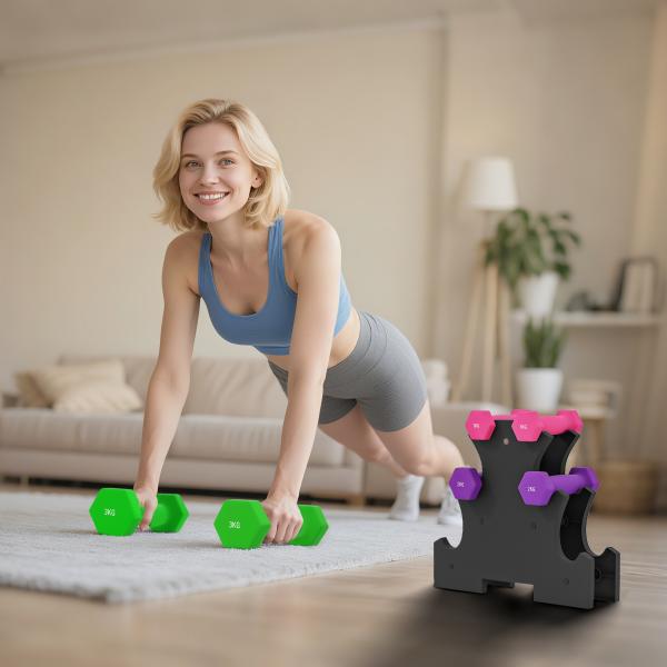 Conjunto de Halteres Hexagonais 2x1 kg 2x2 kg 2x3 kg com Suporte de Armazenamento para Treino em Casa Multicolor